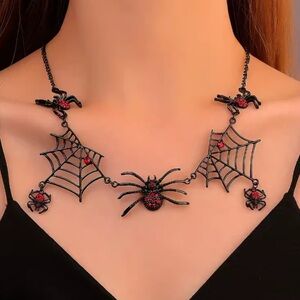 Halloween gothic party Black Spider Web Necklace with Red Accents
